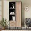 Modern highboard cabinet 80x40x180 cm – wood-look, black frame, door, 2 drawers & 3 open compartments – versatile storage for living room, office