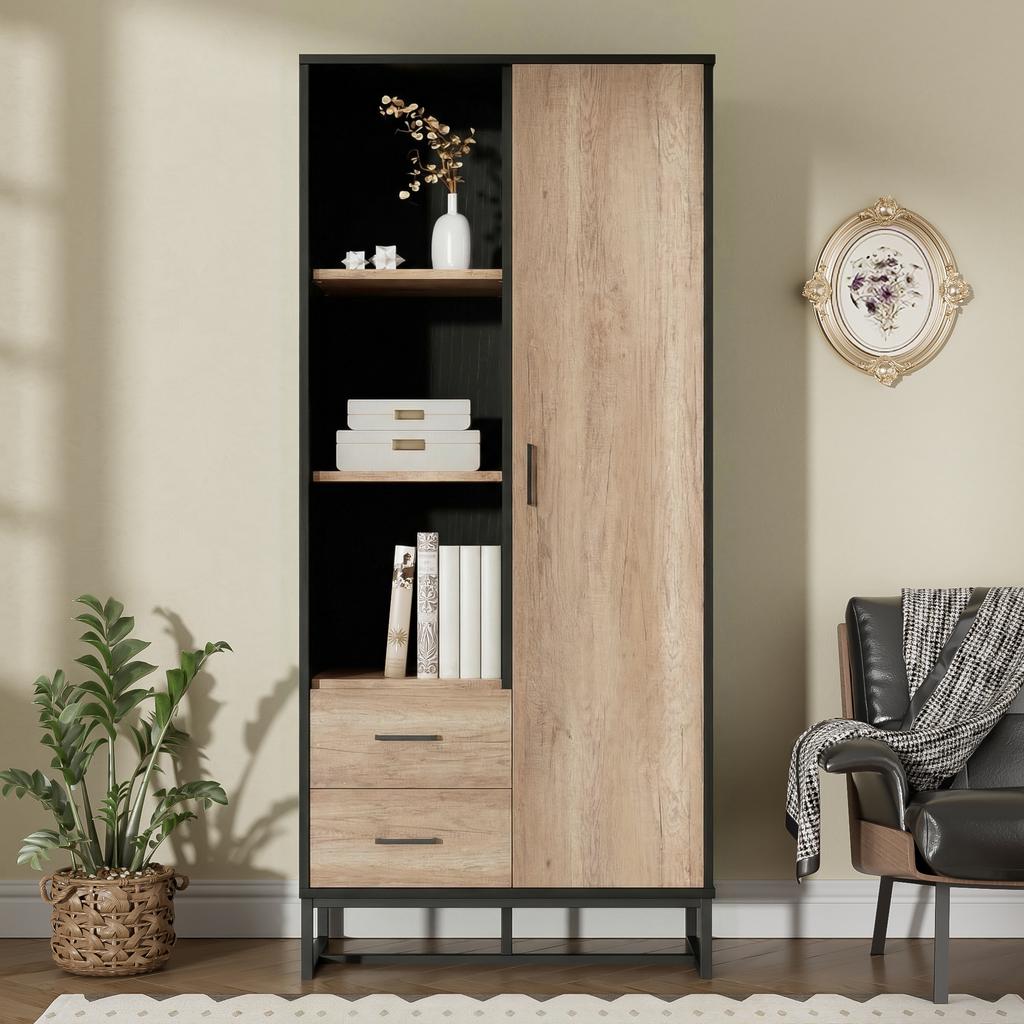 Modern highboard cabinet 80x40x180 cm – wood-look, black frame, door, 2 drawers & 3 open compartments – versatile storage for living room, office