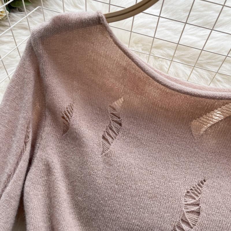 Ležérní pletený svetr Pure Desire pro ženy s dutým vintage designem, nepravidelný svetr, elegantní dámská móda s dlouhým rukávem, podkladová košile
