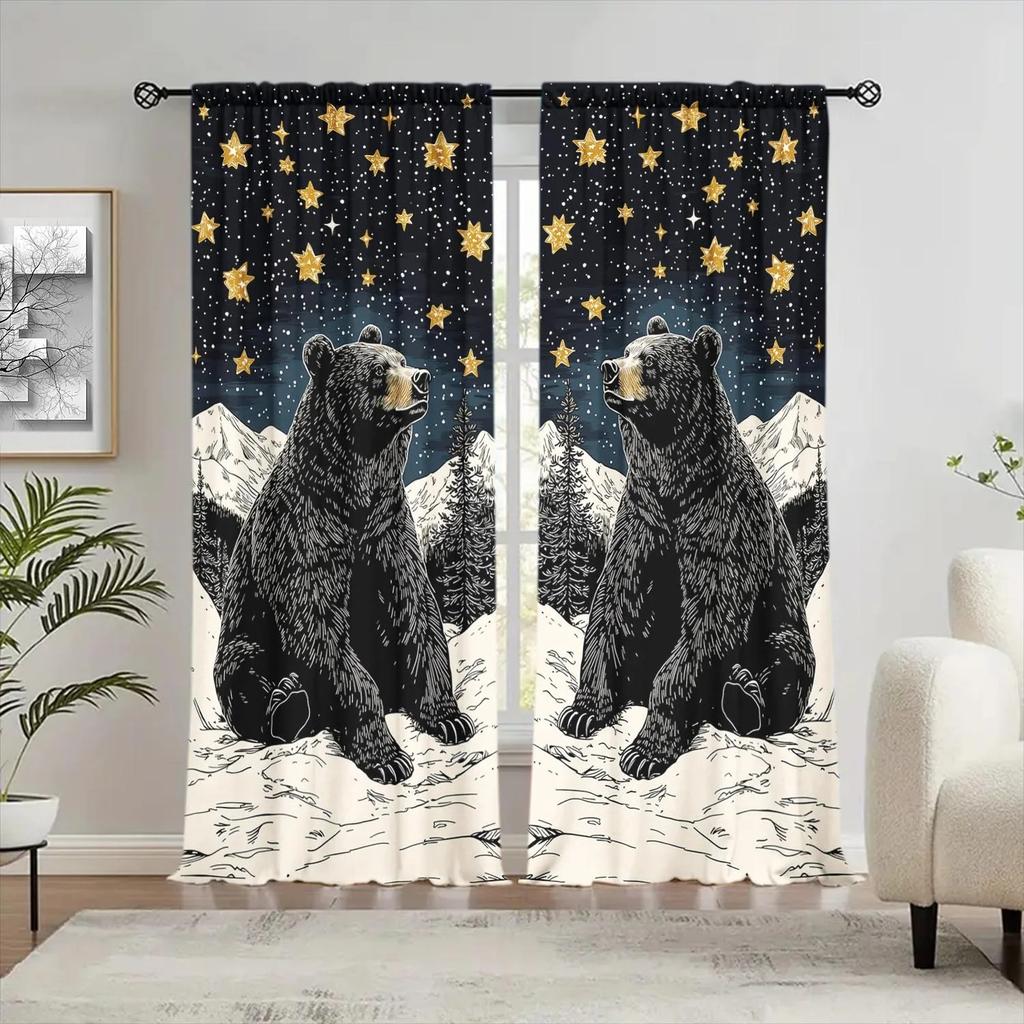 2pcs Starry Bear Pattern Curtain  Blackout  Polyester  for Holiday Window Decor  Home Decor  Rod Pocket Curtain