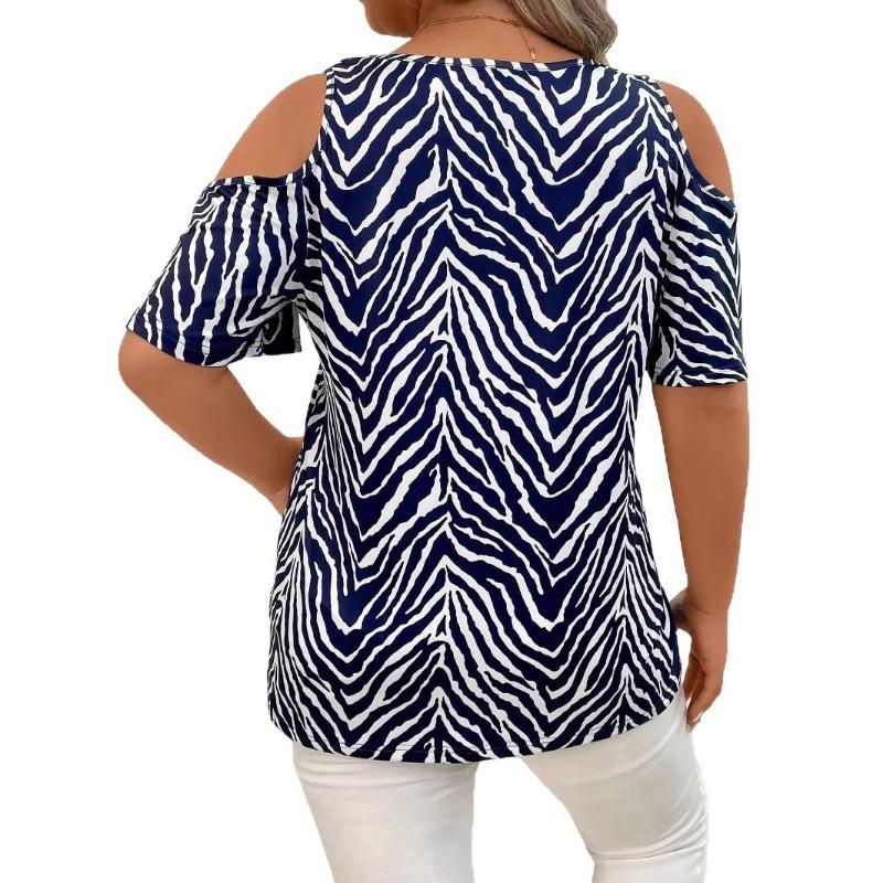 Summer New Women's Zebra Pattern V-neck Short-sleeved Casual Off-shoulder Top