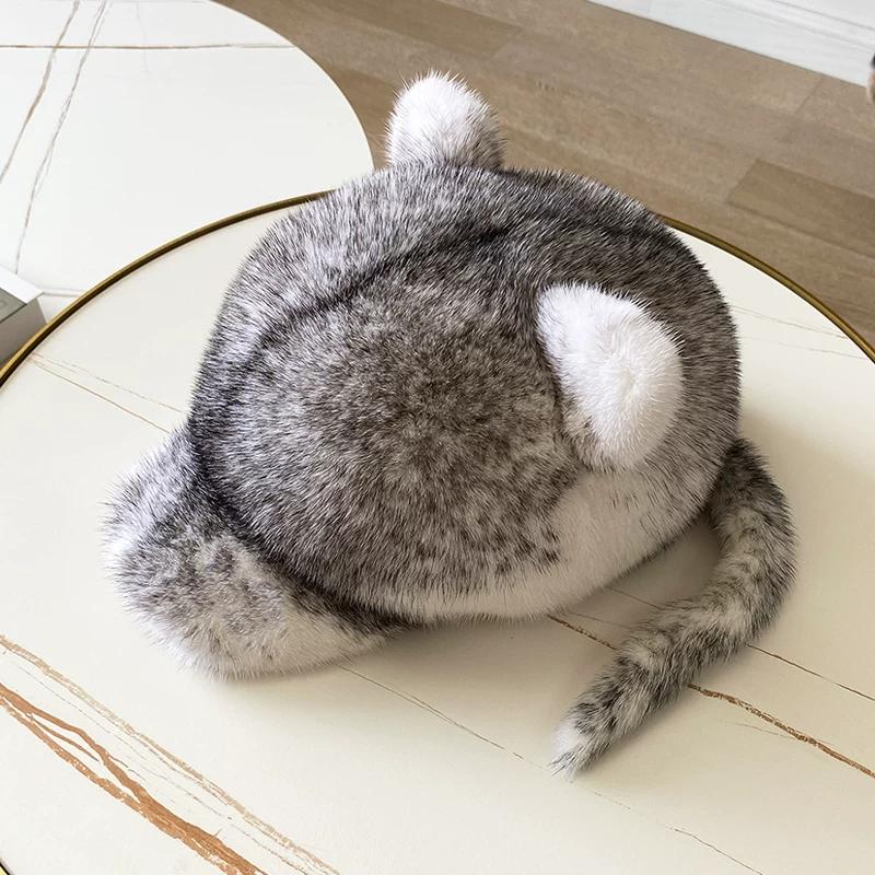 Winter Ladies Mink Hat Sweet Cute Cat Ears with Tail Whole Mink Hat Mink Fur Cap Tide