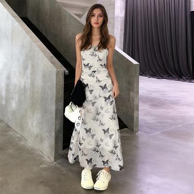 Kadın Yaz Çay Molası Serin Mürekkep Stili Kelebek Baskılı Halter Elbise