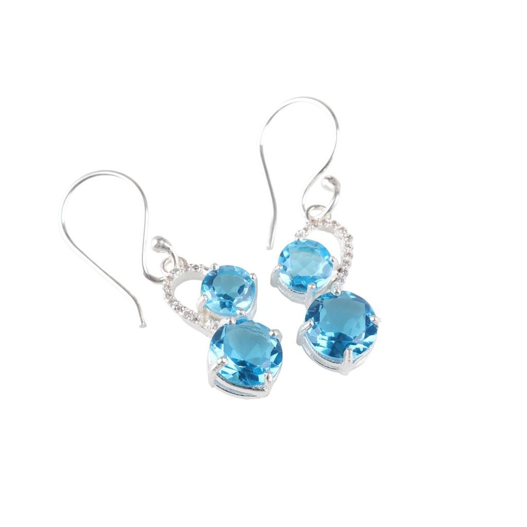 Schweizer Blautopas Edelstein 925 Sterlingsilber Schmuck Zirkon Hakenohrringe 1,38" CZE-3-9