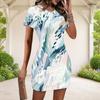 Women Plus Size Round Neck Short Sleeve Blue Green Abstract Printed Fitted Mini Dress