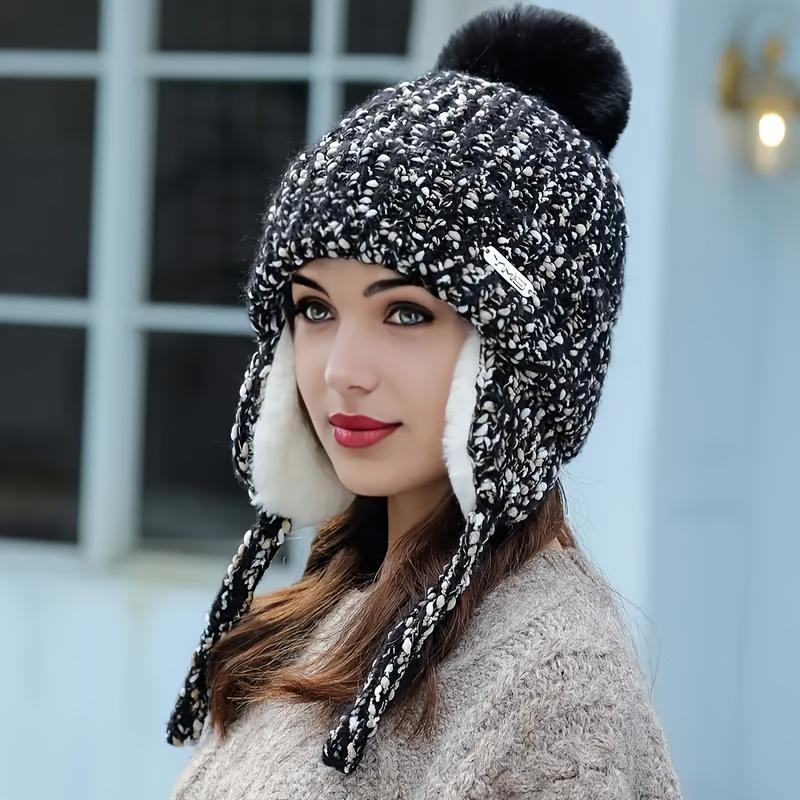 Women's Fleece Winter Hat with Detachable Ear Flaps & Pom-Pom Trim - Elastic Pull-String Closure, Cold Weather Outdoor Activities