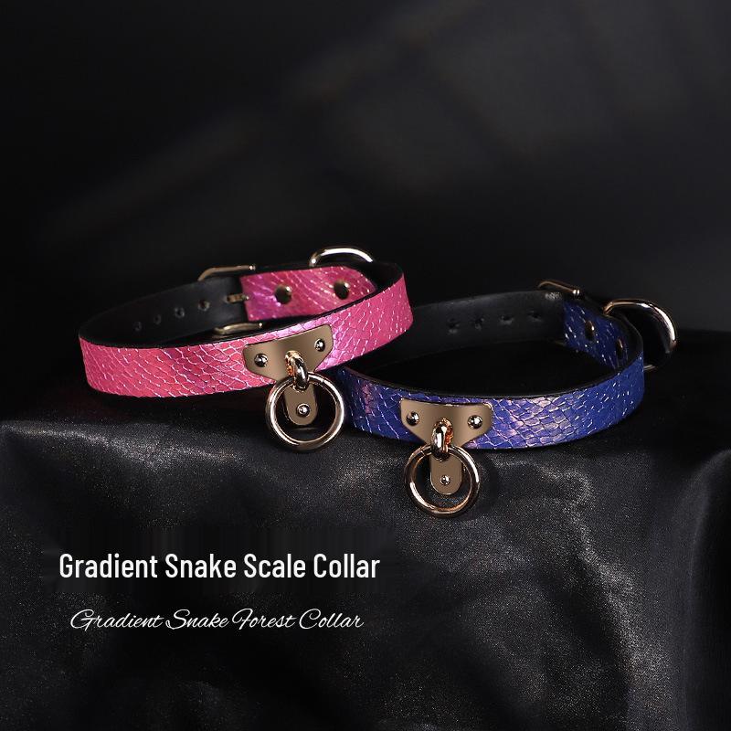 Gradient Snake Skin Leather Collar & Chain Leash - Unisex SM Erotic Toy for Training & Punishment