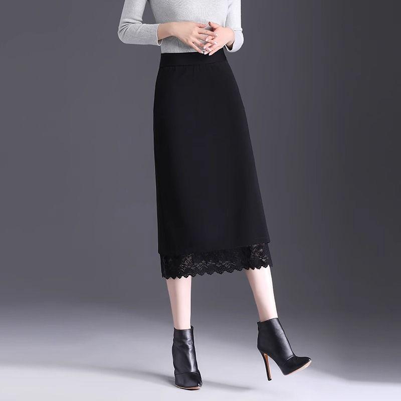 

Женская юбка-миди средней и длинной длины с кружевом, весенняя двусторонняя прямая юбка-труба, юбка с высокой талией 3XL чёрный