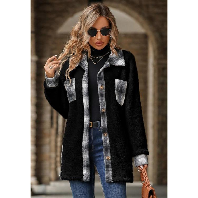 Mid Length Fleece Coat Women Single Breasted Plaid Warm Outerwear Lapel Winter