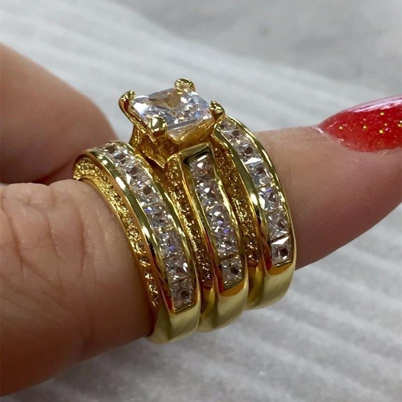 3 Teile/satz Verlobungsringe Mode Versilbert/Gold Farbe Set Ring für Frauen Hochzeit Zubehör Eingelegt mit CZ Kristall