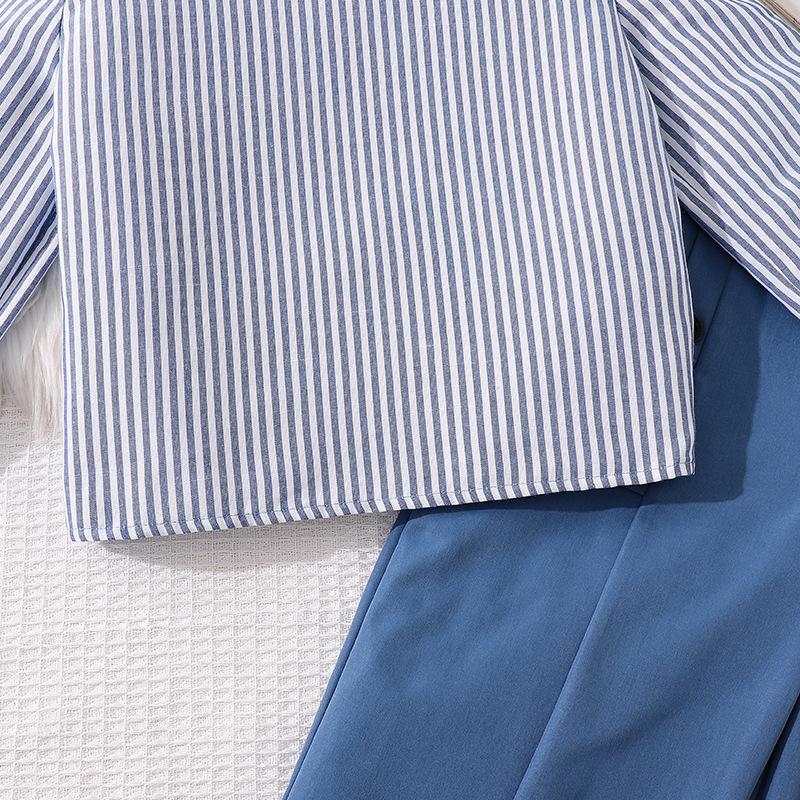 Mädchen Herbst Neue Mode Lässig Gestreift Einreihig Langarm Oberteil + Weitbeinige Hose Kinder 2-teiliges Set