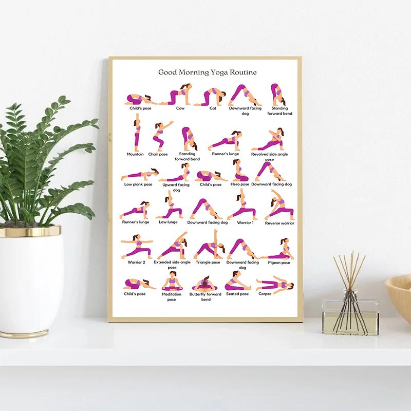 Morning Yoga Routine Canvas Painting Exercise Yoga Poses Posters and Prints Modern Wall Art Picture for Gym Yoga Studio Decor