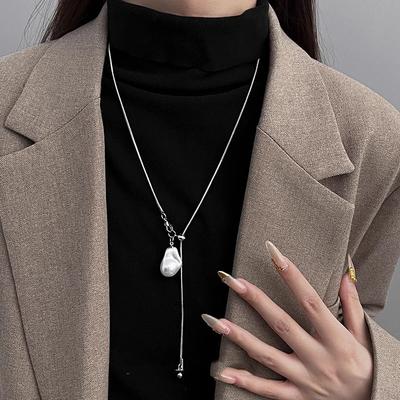 Stainless Steel Long with Baroque Pearls Necklace for Women Adjustable Chain Sweater Accessories Fashion Jewelry