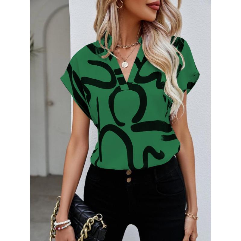 Chemise d'été pour femme Manches chauve-souris Hauts Dame Élégant Simple Imprimé Décontracté Chemisier pour femme Nouvelle Mode Vacances à la plage Lâche Vêtements féminins