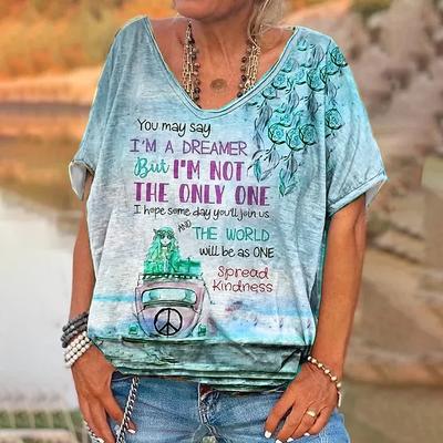 Camiseta feminina vintage carta impressão manga curta diário fim de semana básico meninas v pescoço tshirt roupas femininas oversized verão topos