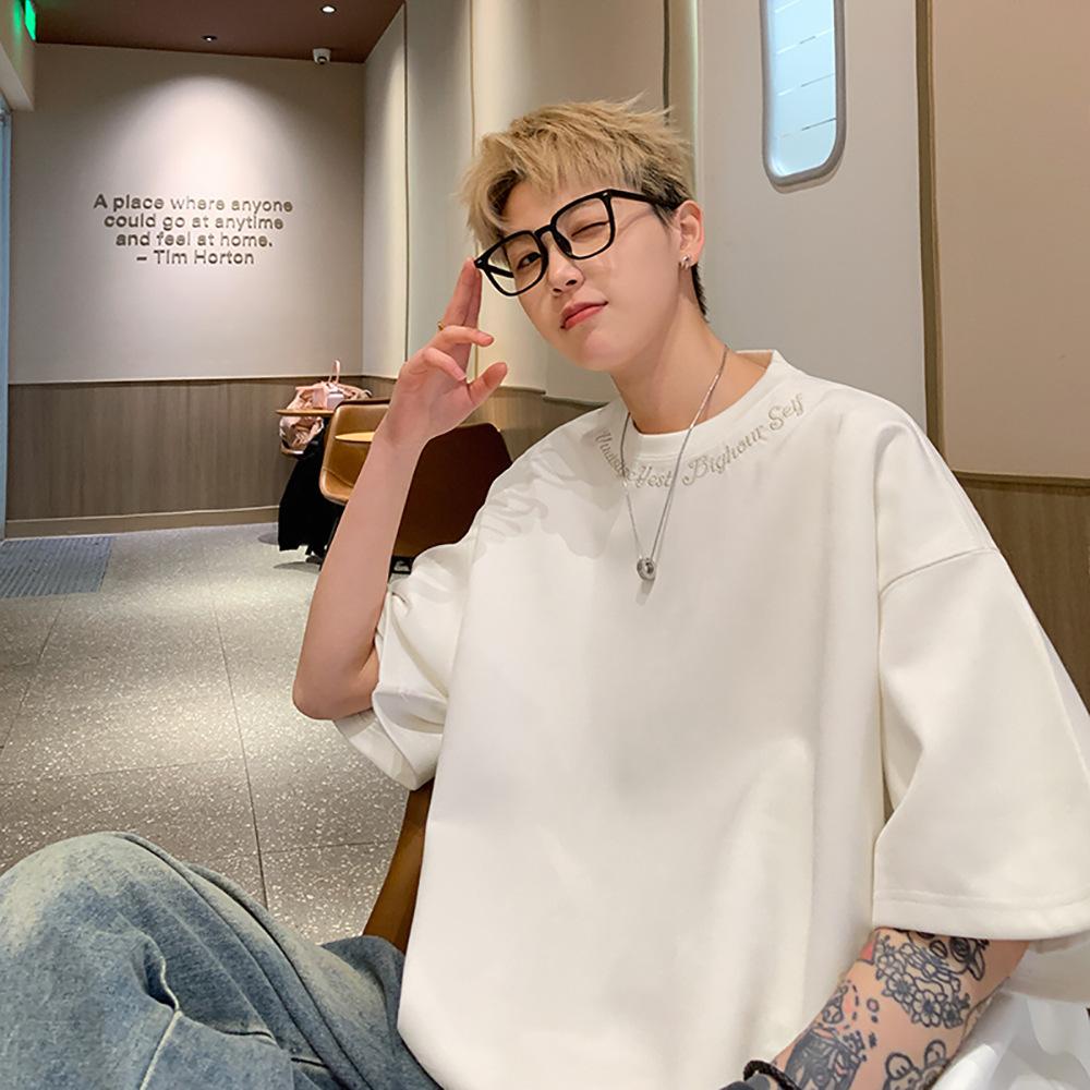 Maillard Suede Short-Sleeved T-Shirt Men'S Summer Trendy Brand Embroidered Ruffian Handsome Inner Half-Sleeved Bottoming Shirt