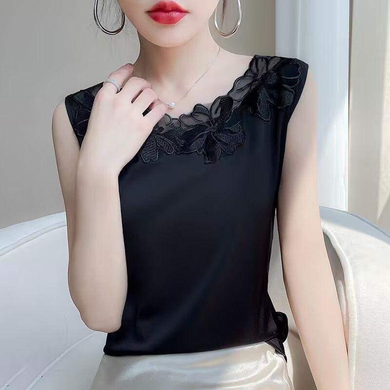 Silk Breathable Lace Camisole Loose Satin Suit Sleeveless Top Without Collar Splicing Vest