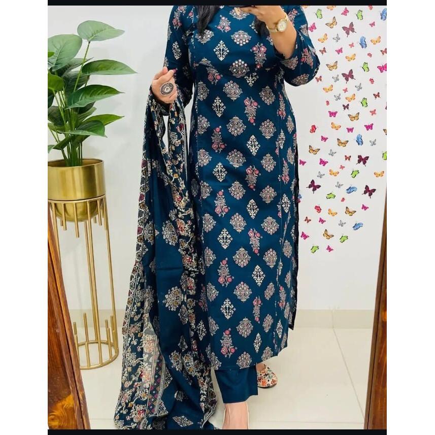 Set Kurta Pant Dupatta in Cotone Designer Indiano Donna Bollywood Top Tunica Kurti VFP-1873a