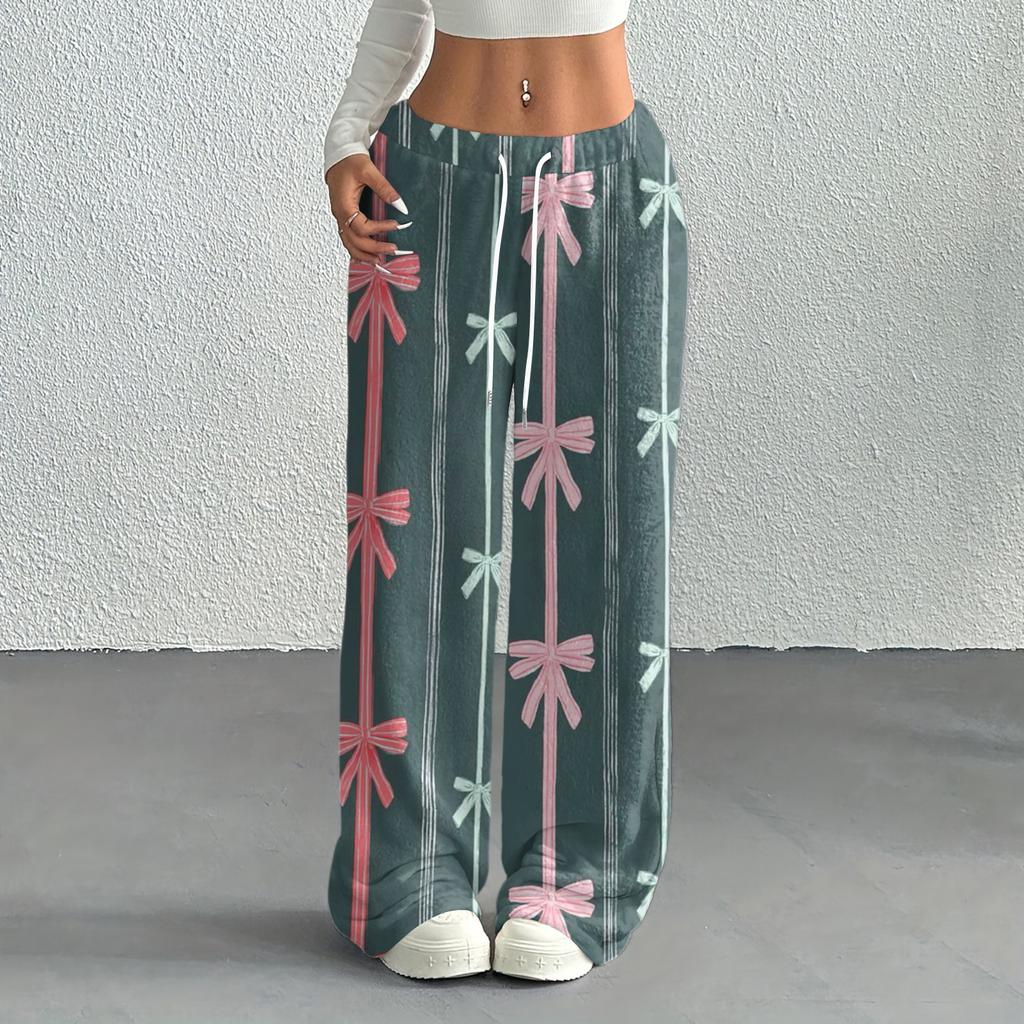 Women's Casual Fashion Printed Elastic Waist Loose Straight Leg Pants With Rope