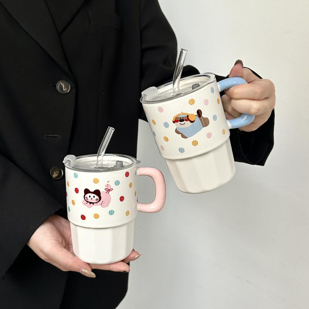 Søt Prikkete Dukke Valp Sugerørskopp Keramisk Krus med Lokk Par Drikkekopp Praktisk Bursdagsgave til Jenter