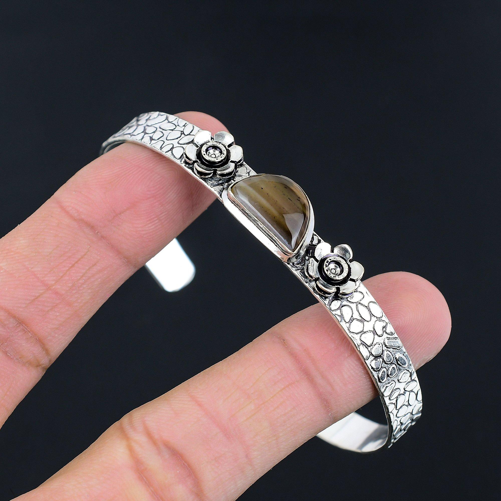

Gift For Women Bangle Flower Adjustable 925 Silver Natural Montana Agate Adjustable