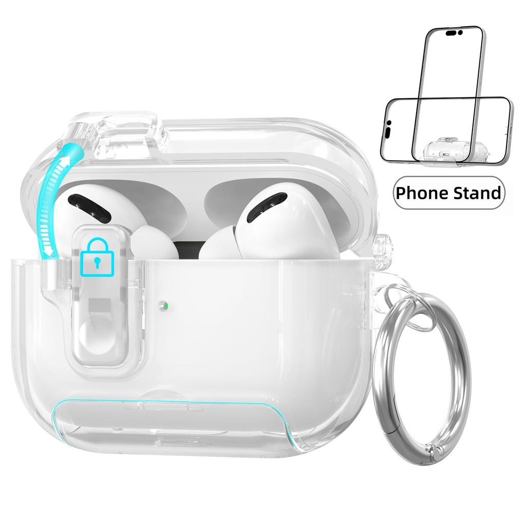 Transparente Hülle für AirPods Pro 3 Hülle mit Handyhalterung und Sicherheitsverschluss Automatisches Aufklappdeckeldesign mit Reinigungsstiftabdeckung für AirPods Pro 3