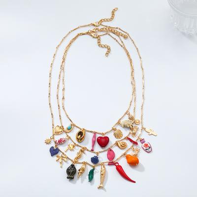 ZAA Personality Irregular Metal Multilayer Heart Chili Fish Pendant Necklaces for Women Vintage Statement Zircon Gifts
