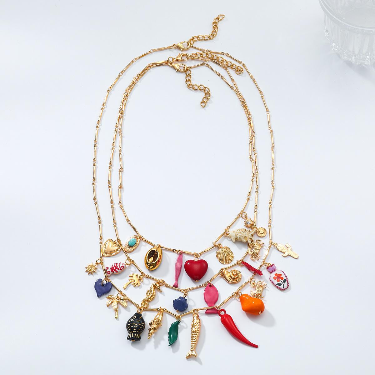 Lucky Star Jewelry Women's Zaa Personality Irregular Metal Multilayer Heart Chili Fish Pendant Necklaces For Vintage Statement Zircon Gifts