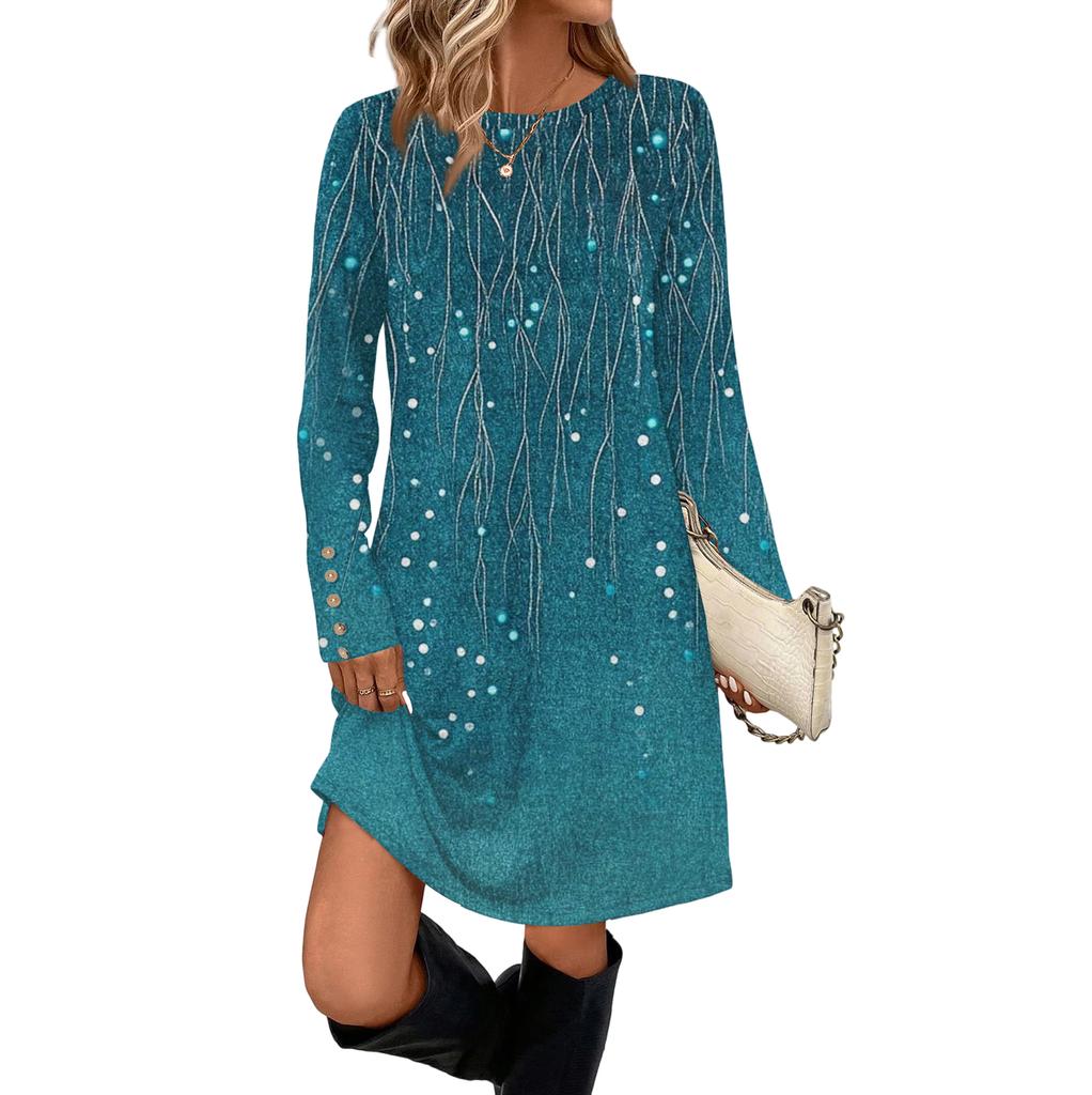 Γυναικείο Μόδα Casual Φόρεμα Με Τσέπη Διακοσμητικά Κουμπιά, Στρογγυλή Λαιμόκοψη Και Μακριά Μανίκια