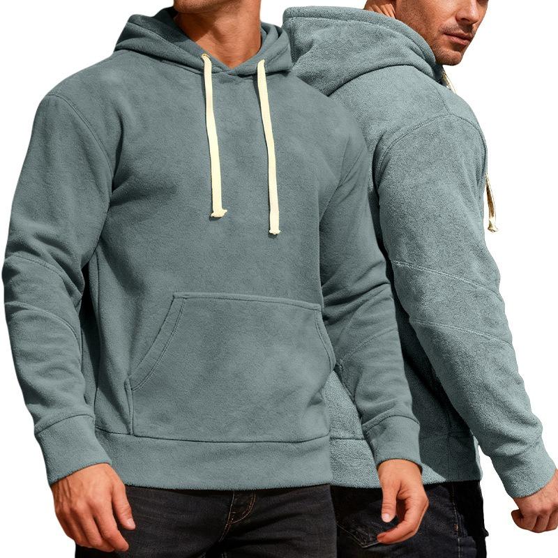 Men's Solid Color Loose Fit Polar Fleece Hooded Sweatshirt, Casual Sports Commute Pullover Hoodie with Pockets for Autumn Winter