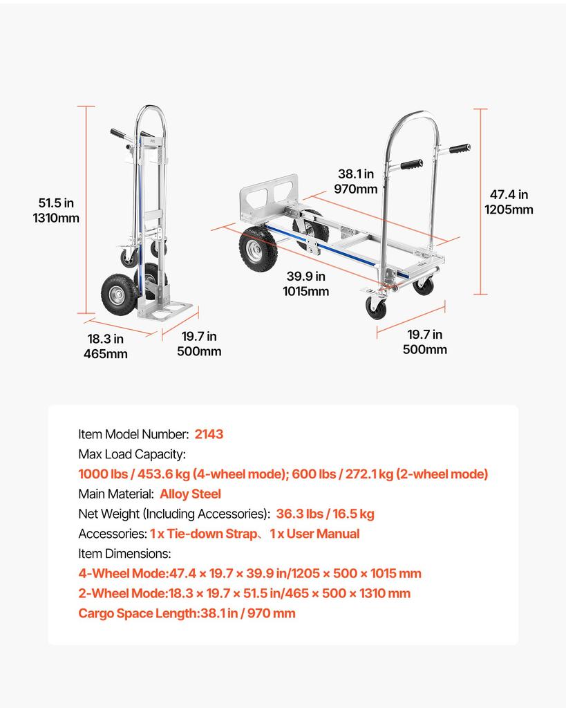 VEVOR 2 In 1 Hand Truck, 453.6 Kg Load Capacity for 4-Wheel Mode, Convertible Hand Truck Dolly with Non-Slip Handle & Wheels