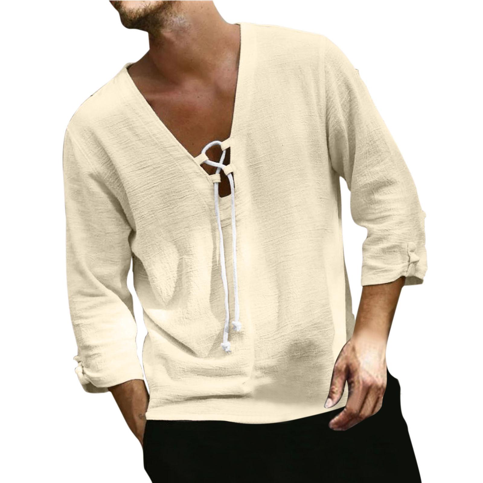 

Мужская модная одежда с галстуком и v-образным вырезом, пляжная хлопковая льняная рубашка, повседневная розовая, белая блузка с рукавами три четверти, мужские однотонные топы 3XL абрикосовый