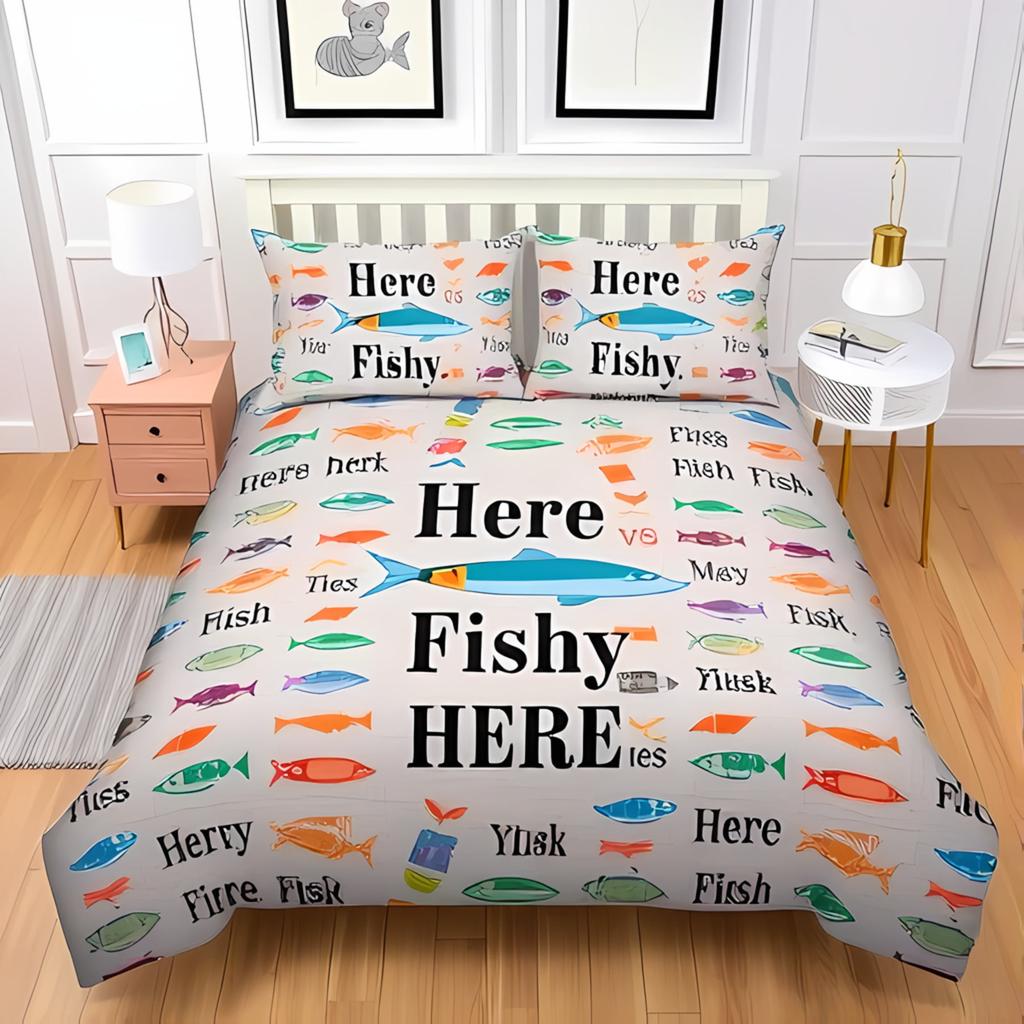 Fishing Queen Duvet Cover Set Vibrant Blue With Cartoon Fish Water Splatter Design Perfect For Fishing Lovers Warm And Soft