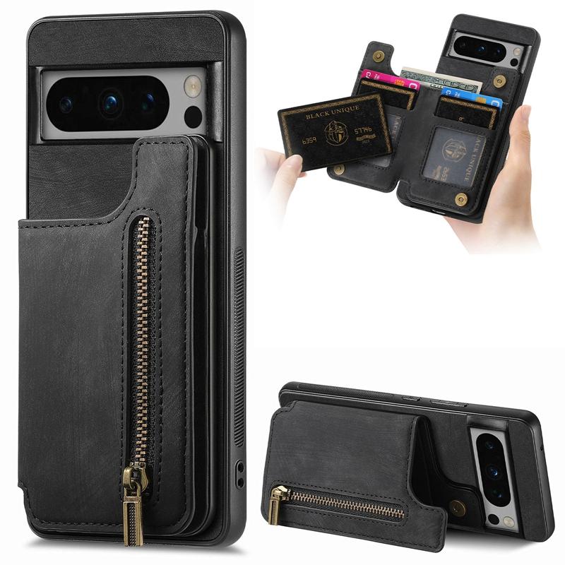 Retro Skin Wallet Back Cover for Redmi Note 13/K70/K70E/K70 Pro, for Google Pixel 9 Pro Card Slots Zipper Style case Cover