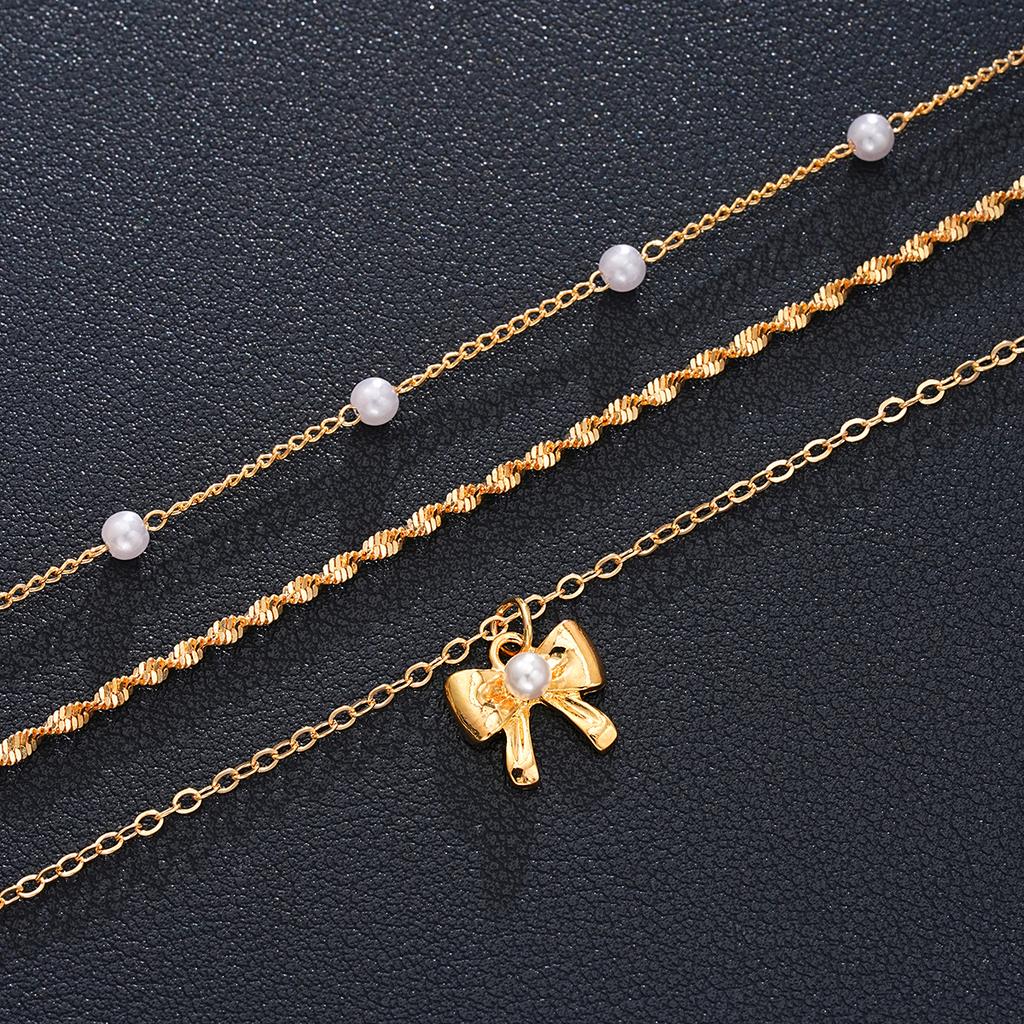 3Pcs/Set Imitation Pearl Bowknot Pendant Necklaces For Women Temperament Gold Color Twisted Chain Necklace Set Exquisite Jewelry