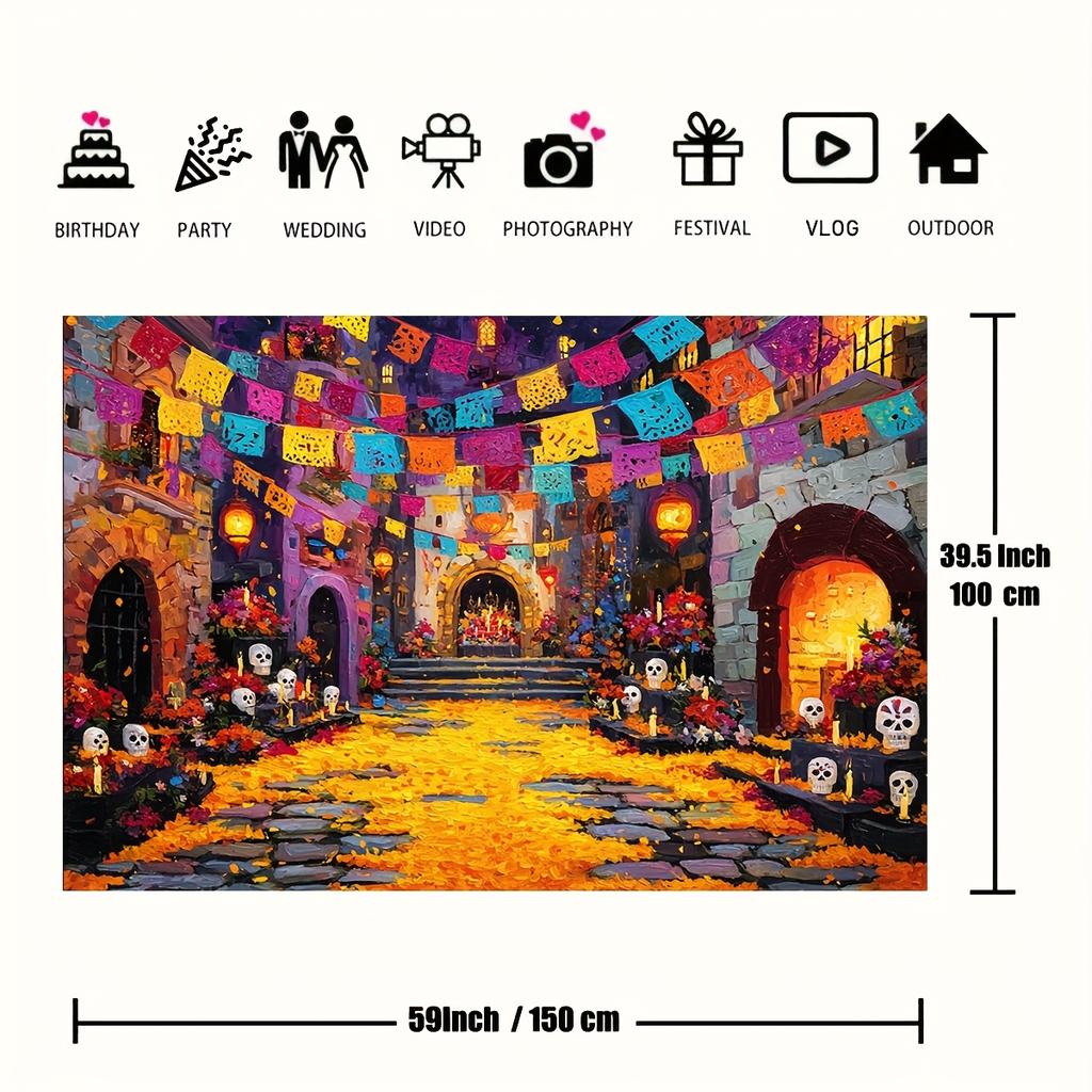 2D banner 1 piece of colorful Halloween-themed background equipped with festive banner bright flowers and decorative skulls