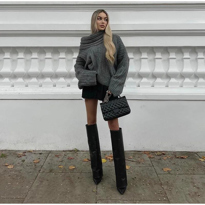 Elegant Solid Slash Neck Thick Knitted Boat Neck Tops Women Casual Long Sleeve Loose Warm Pullover Jumpers Female Fashion High Street Sweater Knitwear