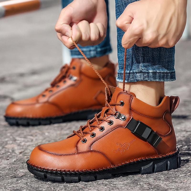 

New 2025 Autumn Leather Men Boots Design Sneakers Man Breathable Casual Leather Shoes Men Ankle Boots Outdoor Boats Size 48 38 коричневый