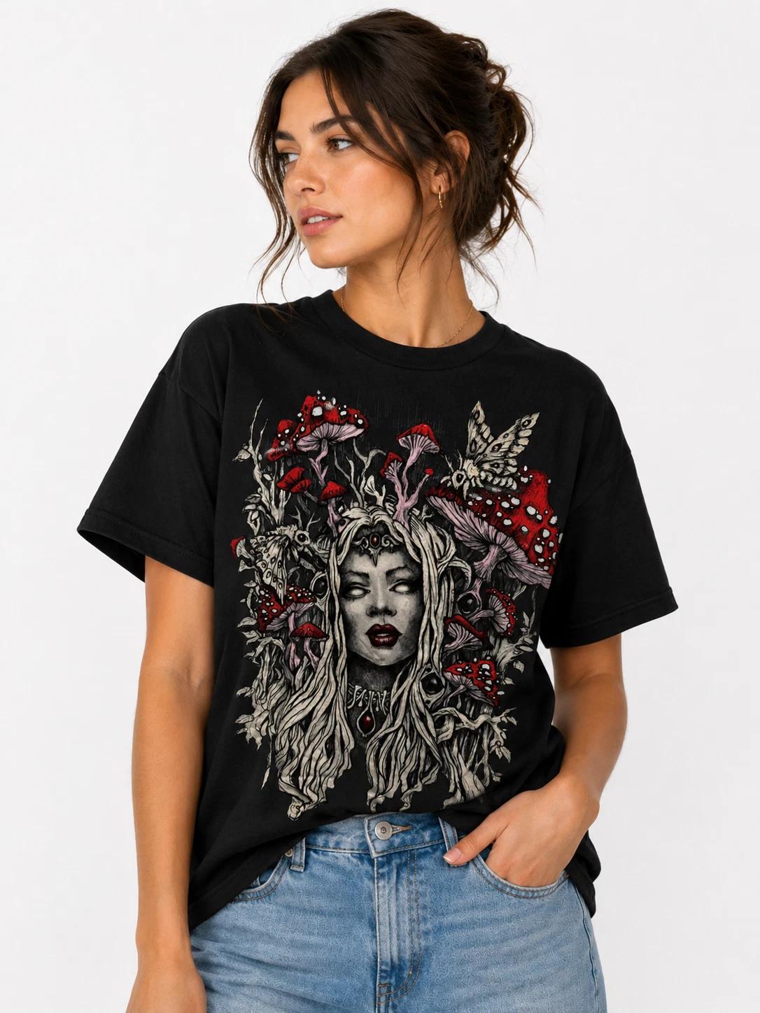 Mystical Mushroom Witch Graphic T-Shirt Gothic Fantasy Fairycore Unisex Tee S