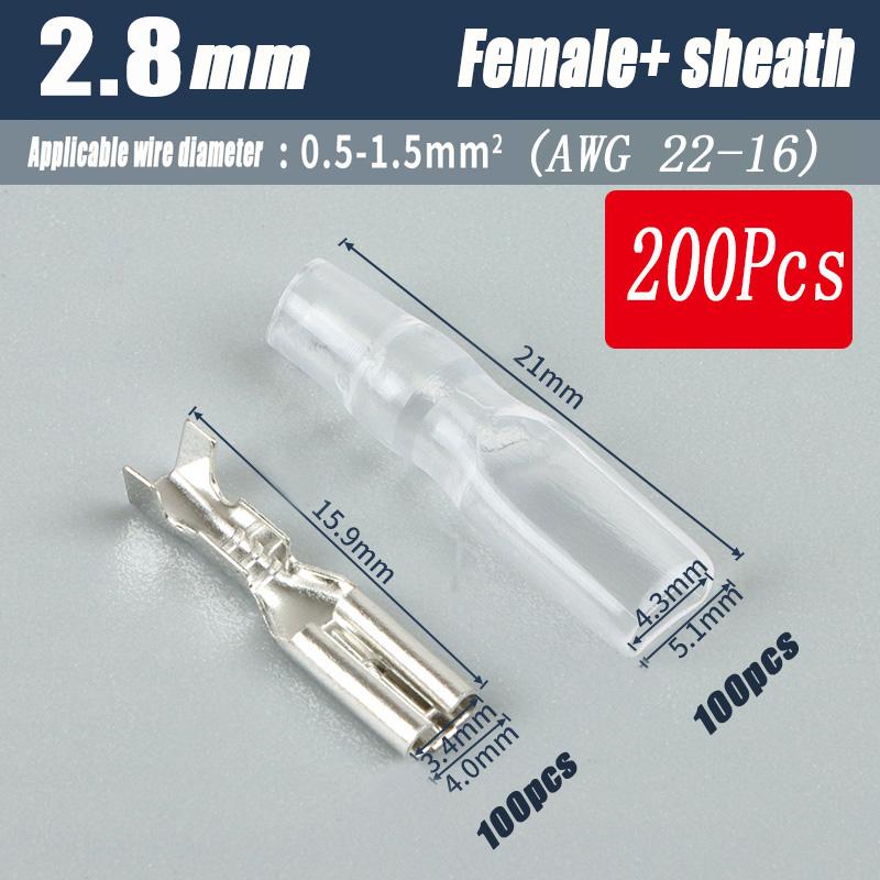 200Pcs Copper Female and Male Crimp Terminal Connectors Aautomotive Speaker Cable Flag Connector 2.8/ 4.8/ 6.3mm With Sheathing