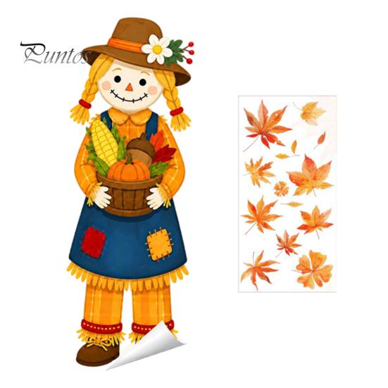 Harvest Festival Glass Stickers Fall Window Clings, Autumn Scarecrow Maple Leaf Stickers, Reusable Double-Sided Theme Ornaments Static PVC Decals for