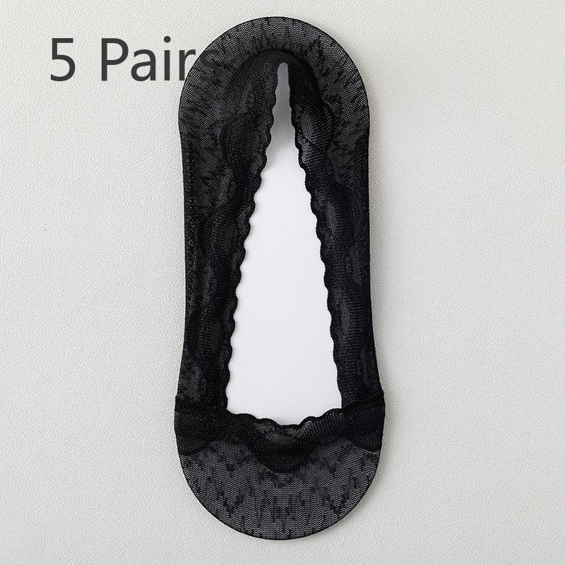5 Pairs of Women's Summer Thin Wicking Cotton Bottom Invisible Shallow Mouth Non Slip Lace Boat Socks