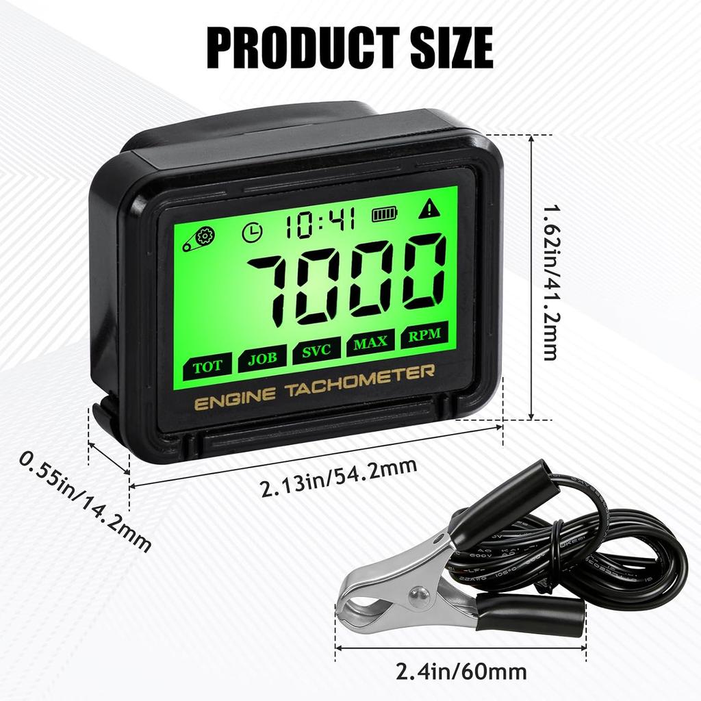 Digital Engine Tachometer & Hour Meter Mini Tach Gauge with Clip & Backlight Display Inductive for Gas Small Engine Lawn Mower RV Chainsaws Outboard