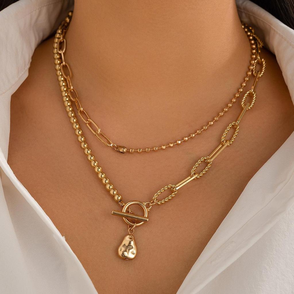 Simple Braided Bead Chain Necklaces, Gold Tone, Layered Pendant Necklace Set for Women Daily and Party Wear