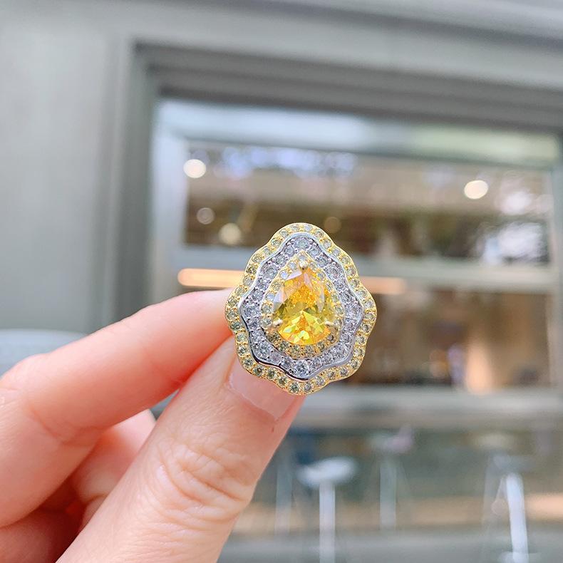 New Pink Ring With Micro Inlaid Pear Shaped Colored Jewelry Retro Exaggerated Zircon Female