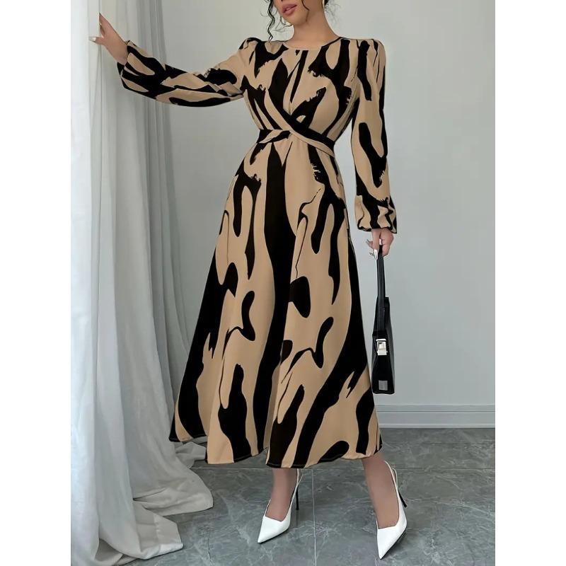 

Женское платье Commuter Fashion с круглым вырезом и длинным рукавом, свободное платье с завышенной талией 2XL хаки