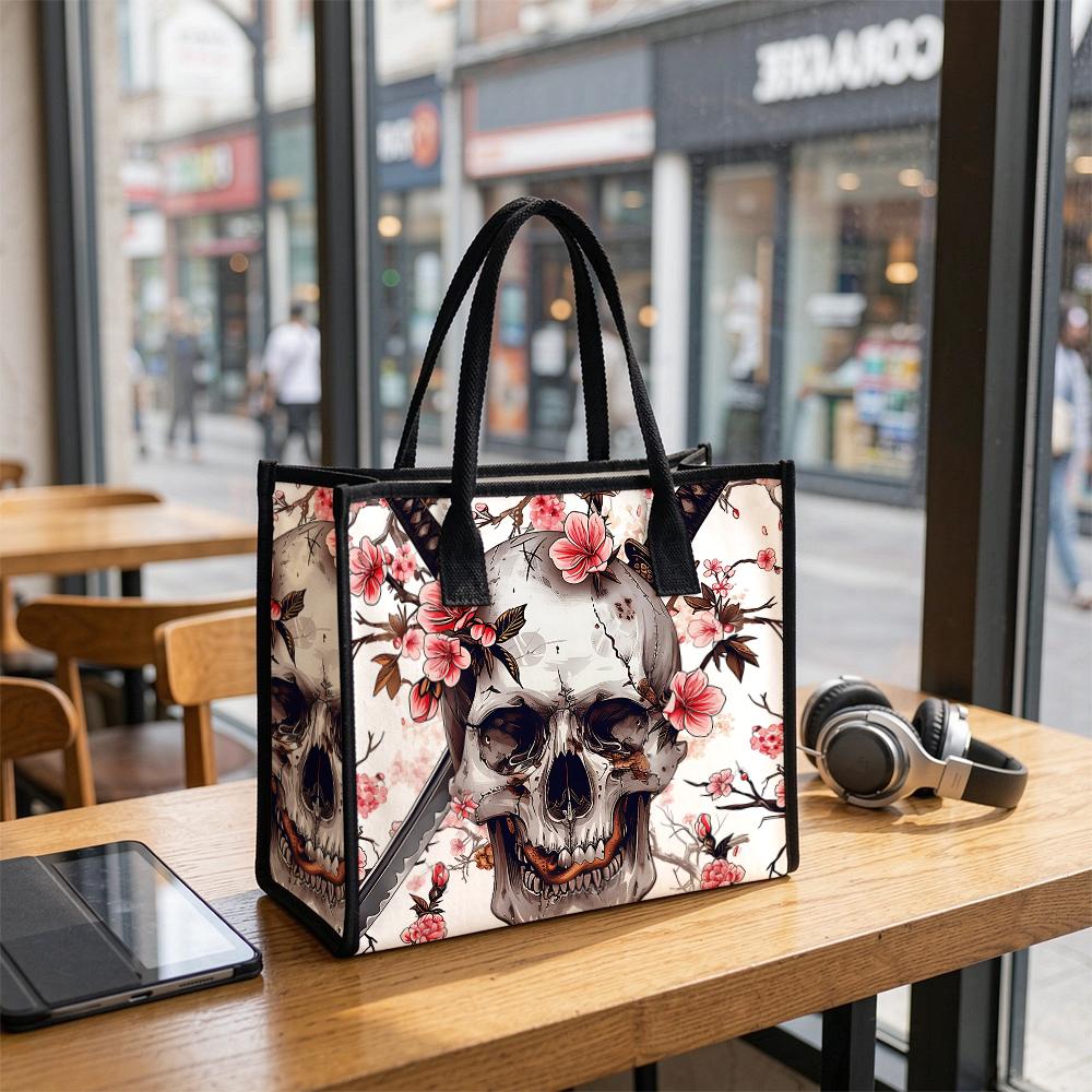 Skull Cherry Blossom Print Casual Tote Bag Fashion Daily Portable Shoulder Bag for Streetwear
