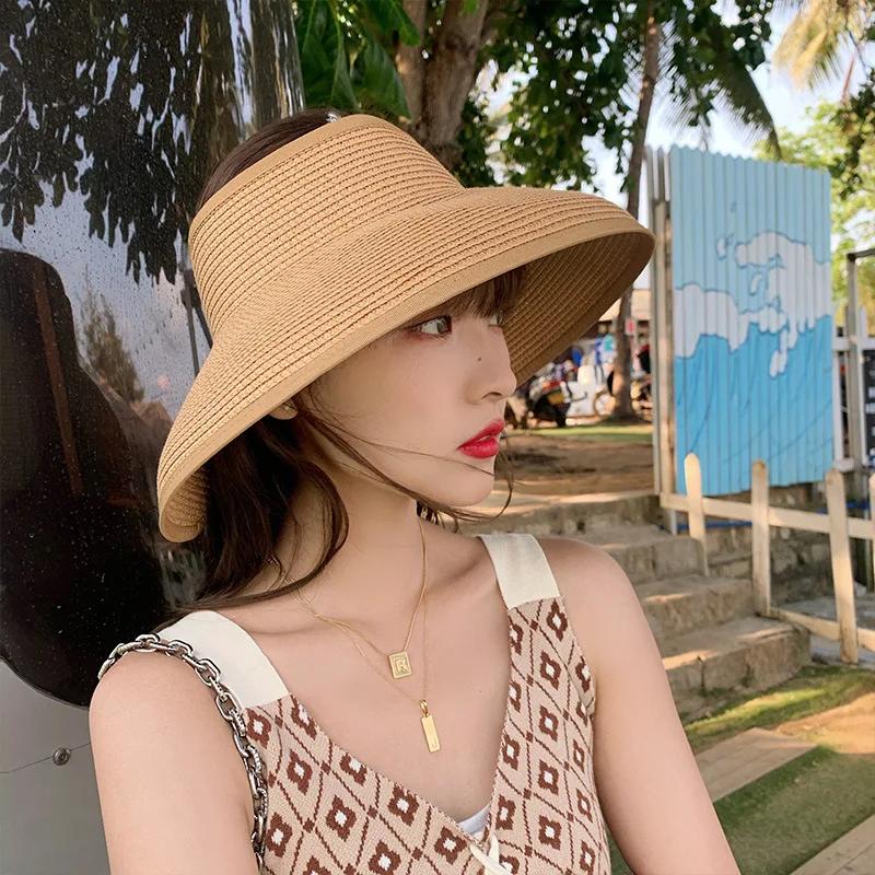 2022 Summer Foldable Women Straw Hats Solid Color Outdoor Breathable Empty Top Uv Protection Sun Hat Roll-Up Portable Beach Caps