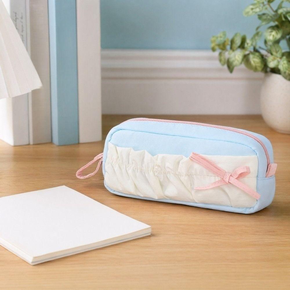 Ruffle Pen Bag Bow Cloud Stationery Bag Bowknot Desktop Storage Korean Cloud Pencil Case with Lanyard Aesthetic Pencil Pouch