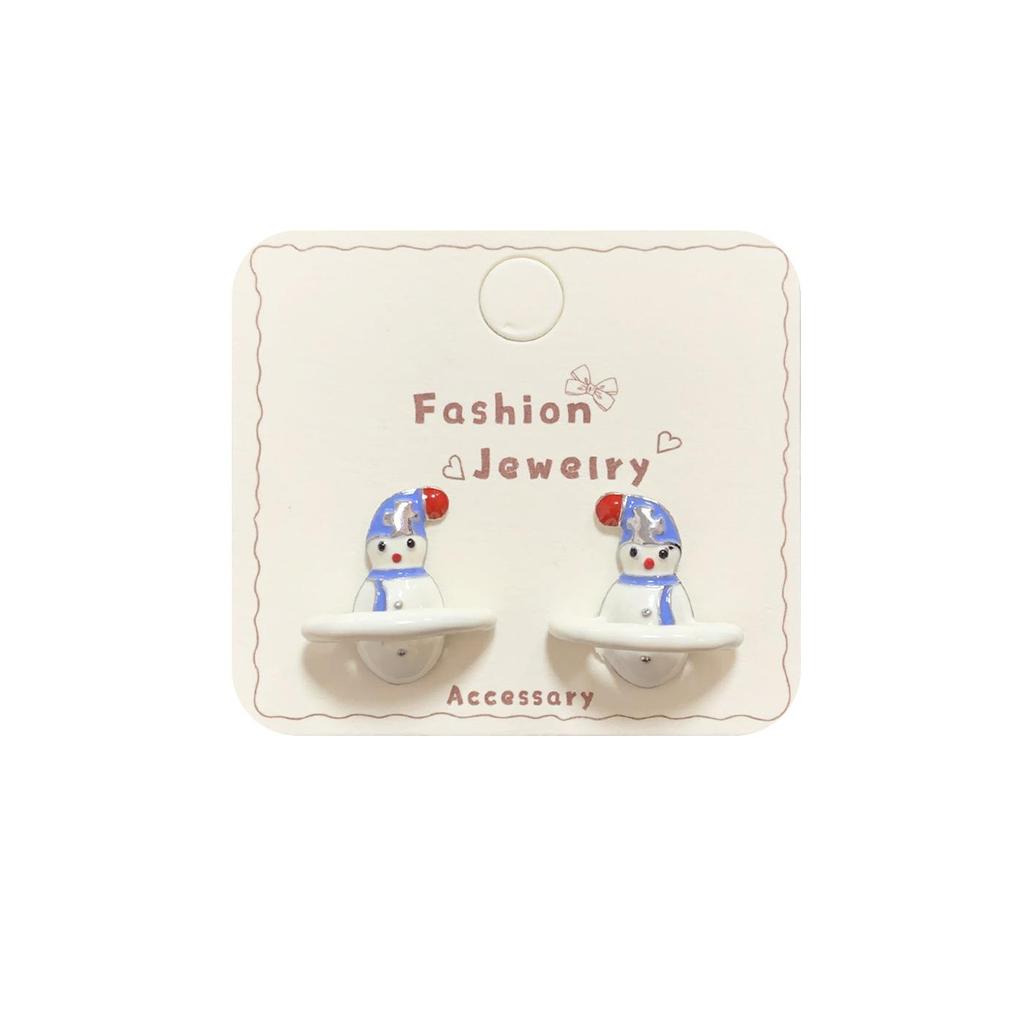 Silver Needle Snowman Santa Bow Stud Earrings - Festive Cartoon Design for Women
